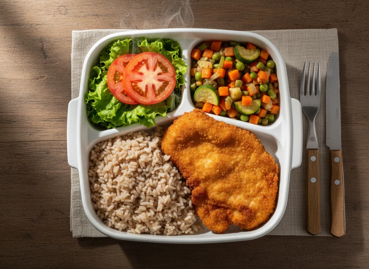 Marmita com frango à milanesa, arroz integral, legumes e salada photo