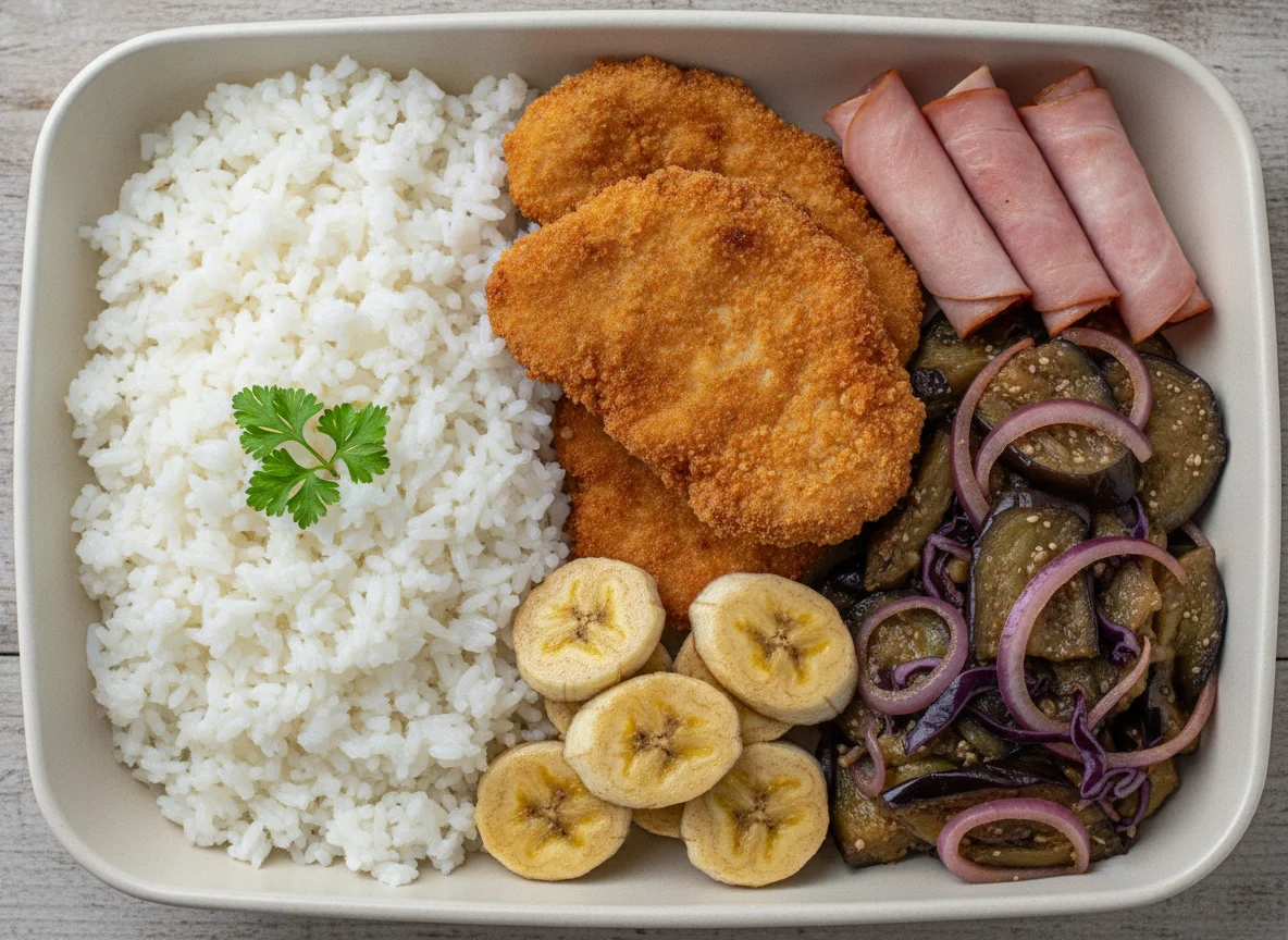 Marmita com Frango à Milanesa, Presunto e Banana photo