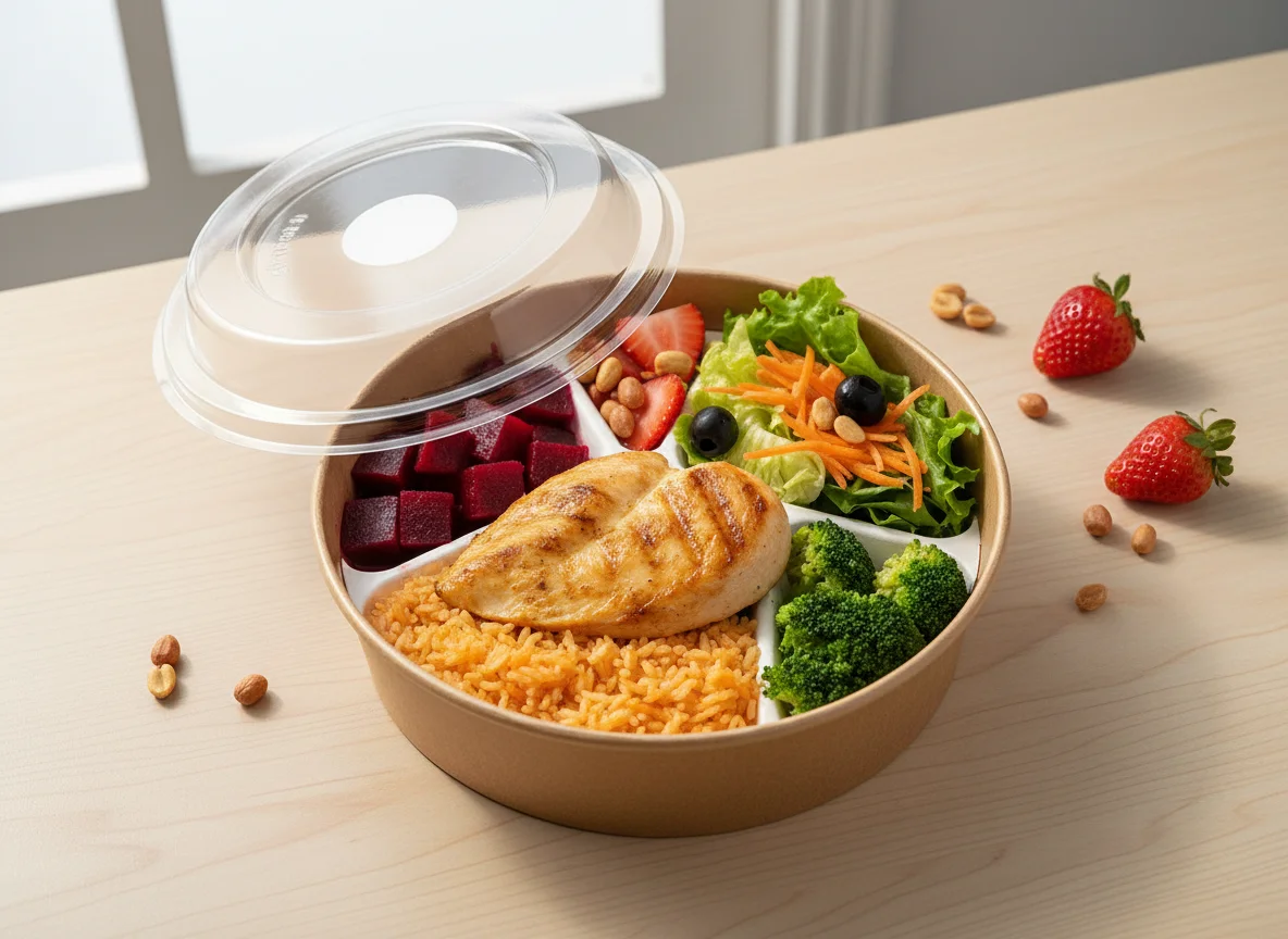 Marmita com frango, arroz, beterraba, brócolis e salada de frutas e amendoim photo