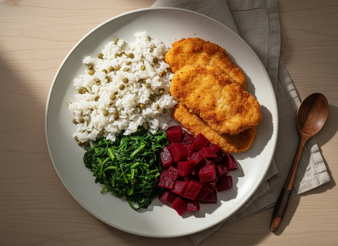Marmita com frango, arroz, beterraba e couve photo