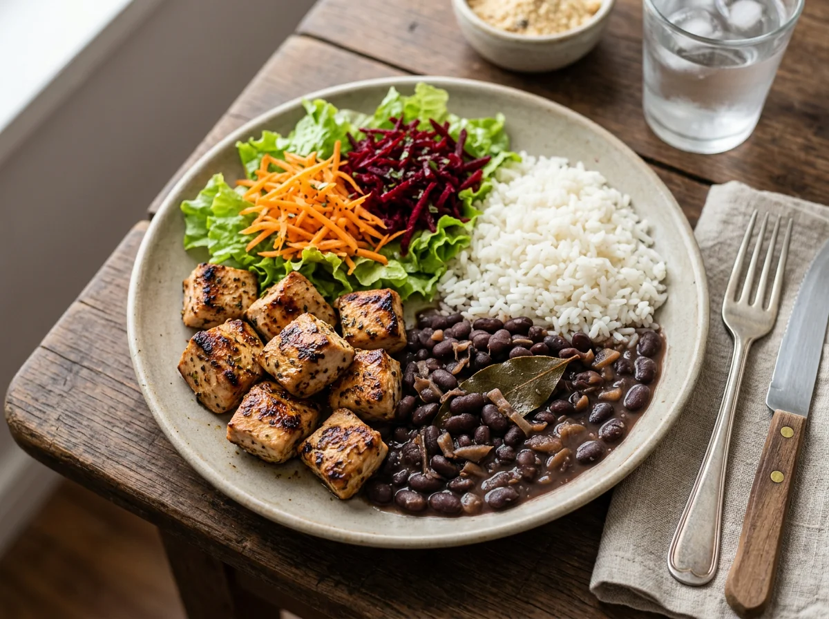 Marmita com frango, arroz e feijão e salada photo