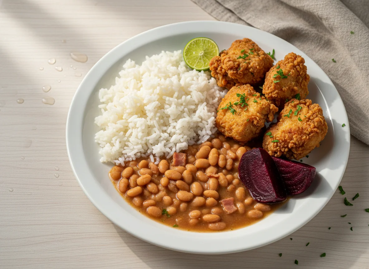 Marmita com frango, arroz, feijão e beterraba photo