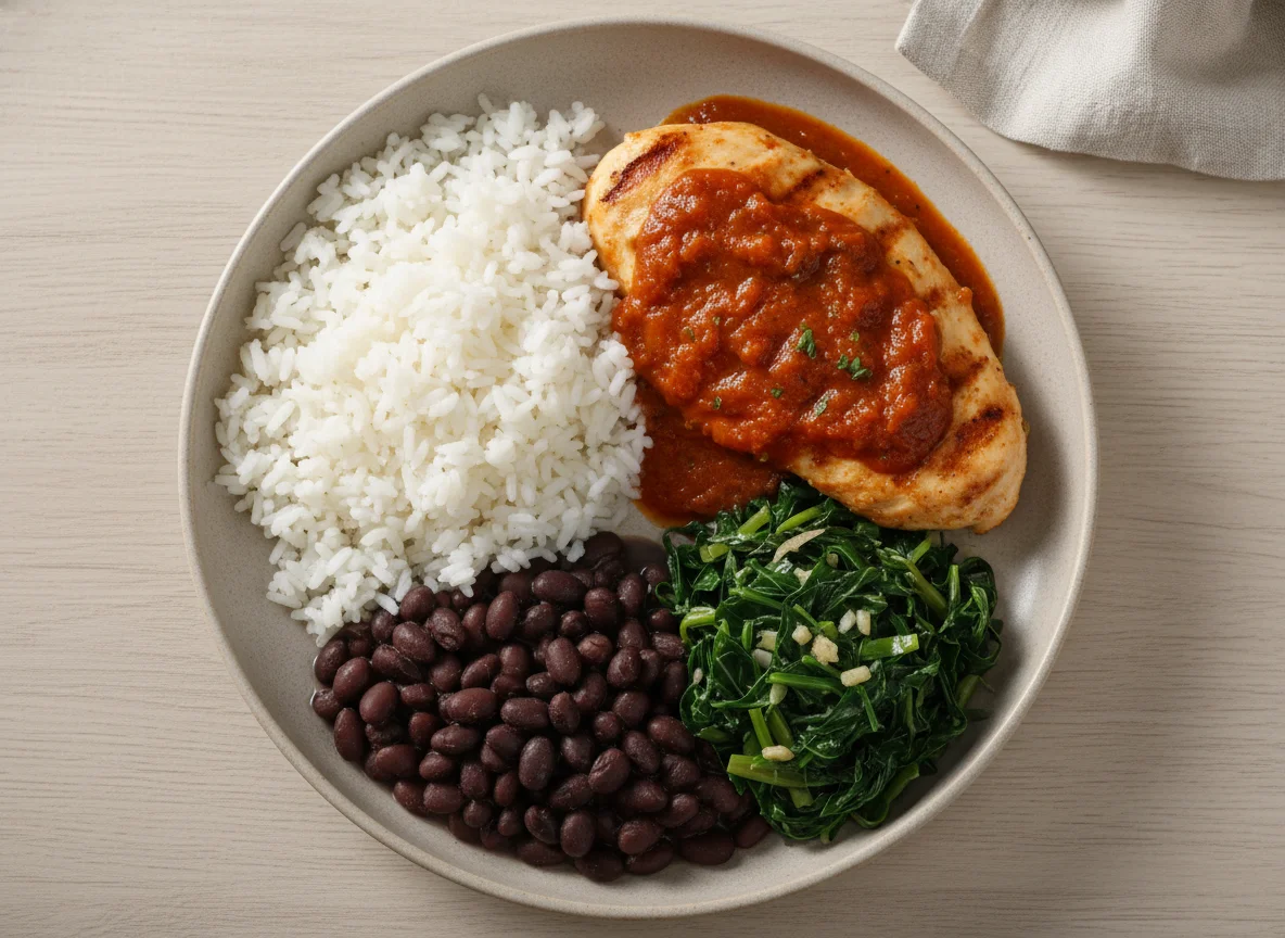 Marmita com frango, arroz, feijão e couve photo