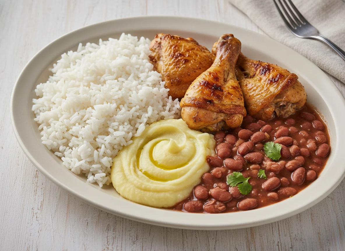 Marmita com frango, arroz, purê e feijão photo