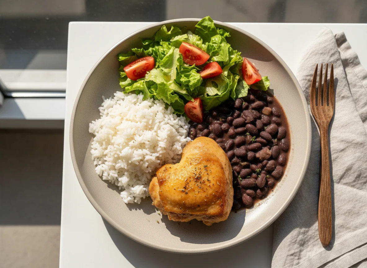 Marmita com frango assado, arroz, feijão e salada photo