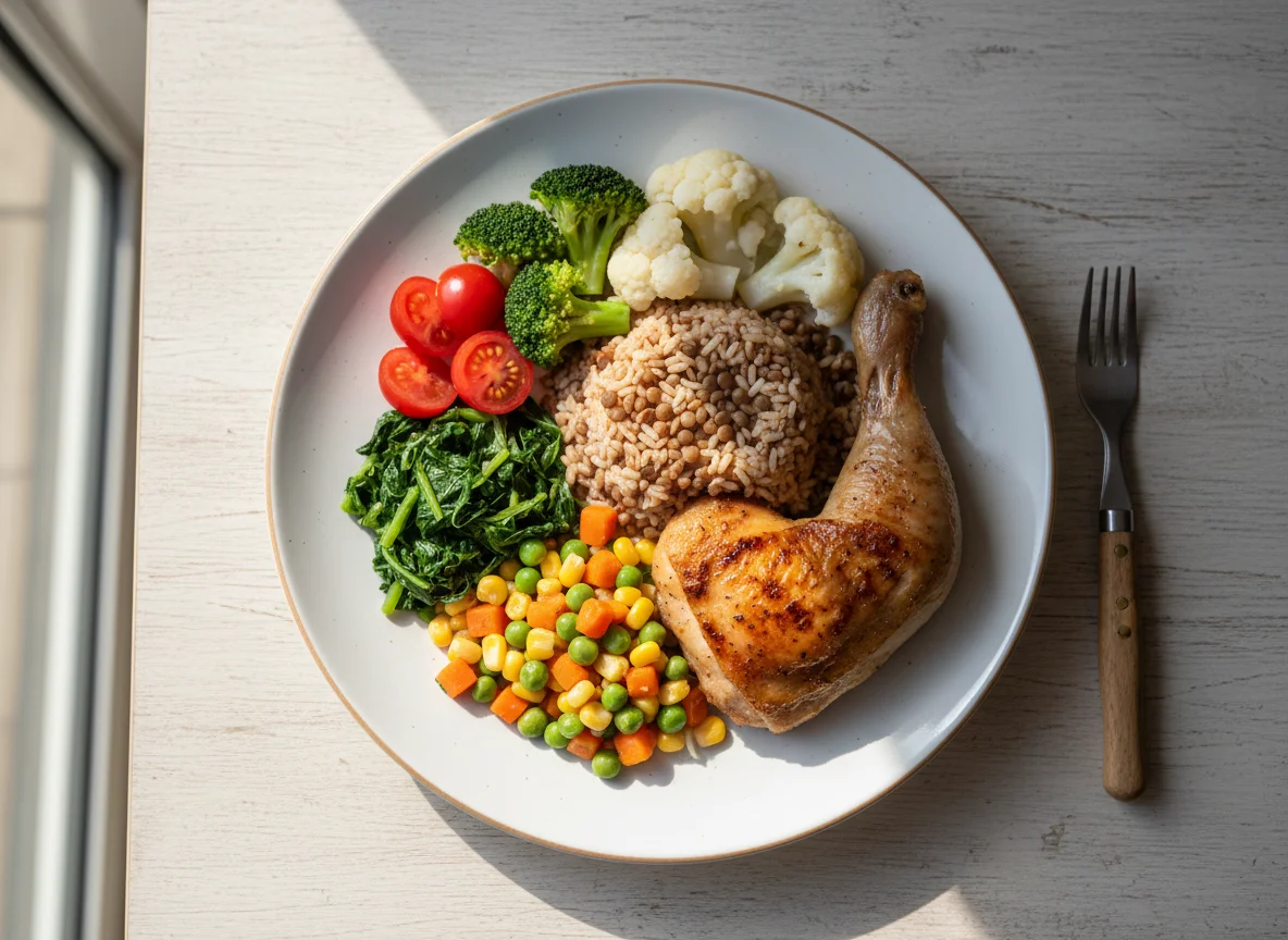 Marmita com frango assado, arroz integral, legumes e tomate cereja photo