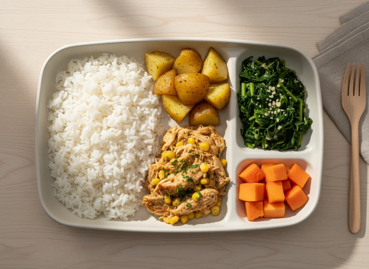 Marmita com frango desfiado, arroz, batata, couve e mamão photo