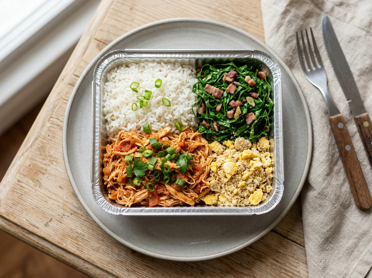 Marmita com frango desfiado, arroz, couve e farofa photo