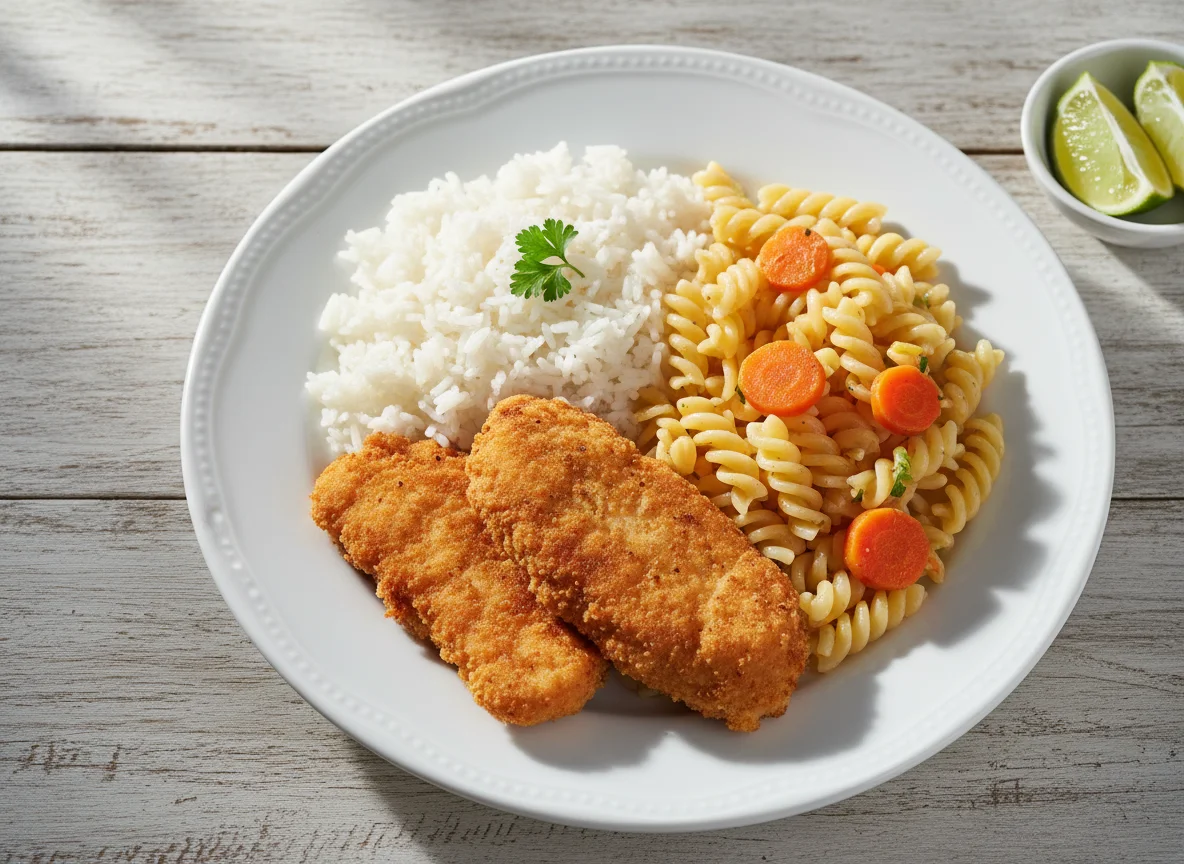 Marmita com frango empanado, arroz, cenoura e macarrão photo