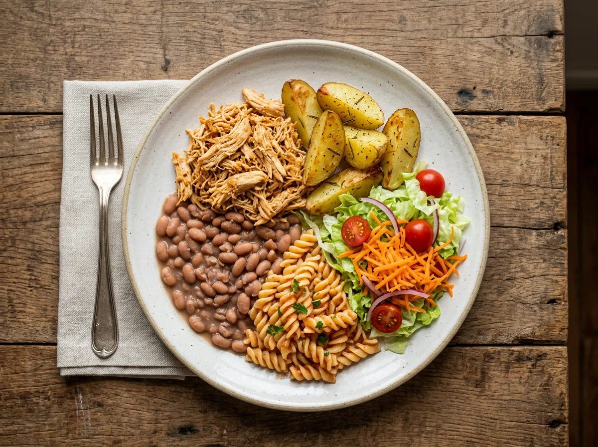Marmita com frango, feijão, batata e salada photo