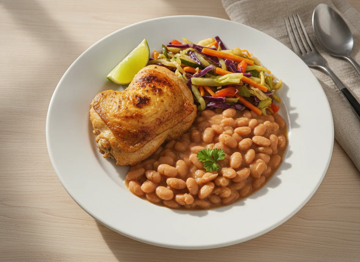 Marmita com frango, feijão e legumes photo