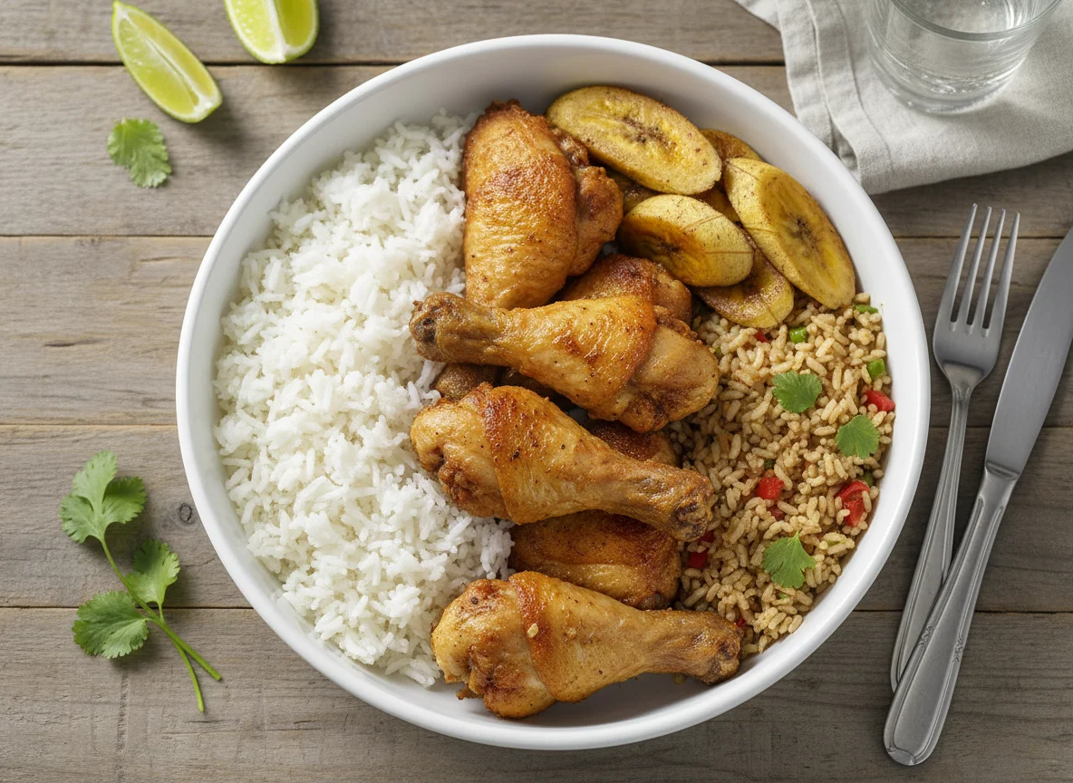 Marmita com frango frito, arroz e banana photo