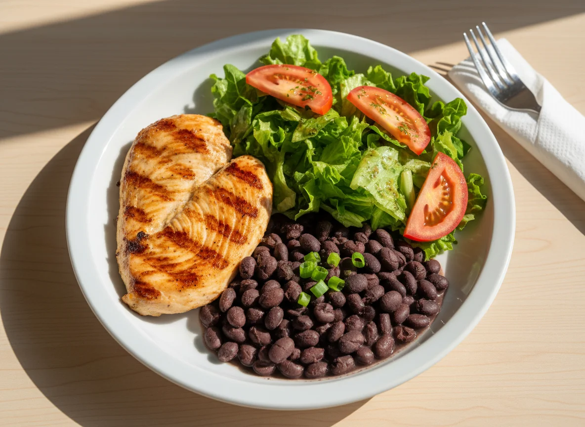 Marmita com frango grelhado, salada e feijão photo