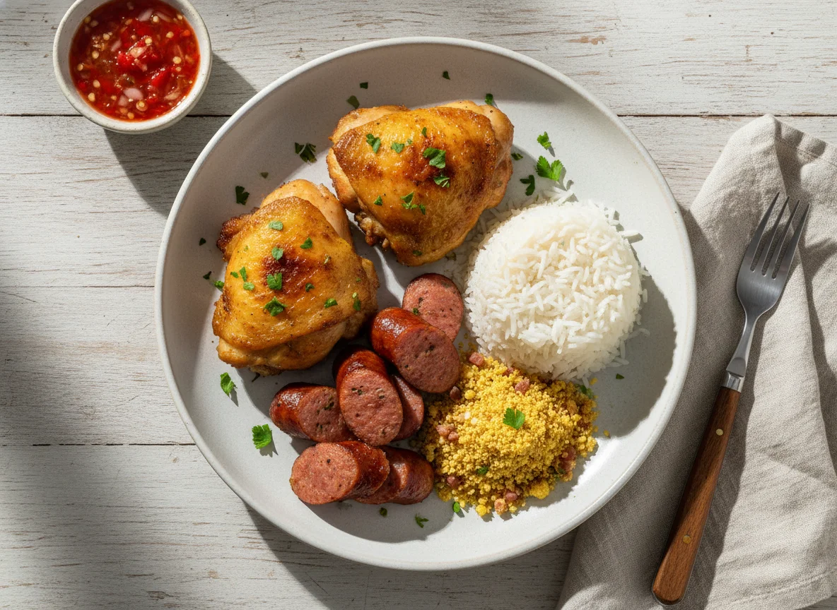 Marmita com frango, linguiça e arroz photo