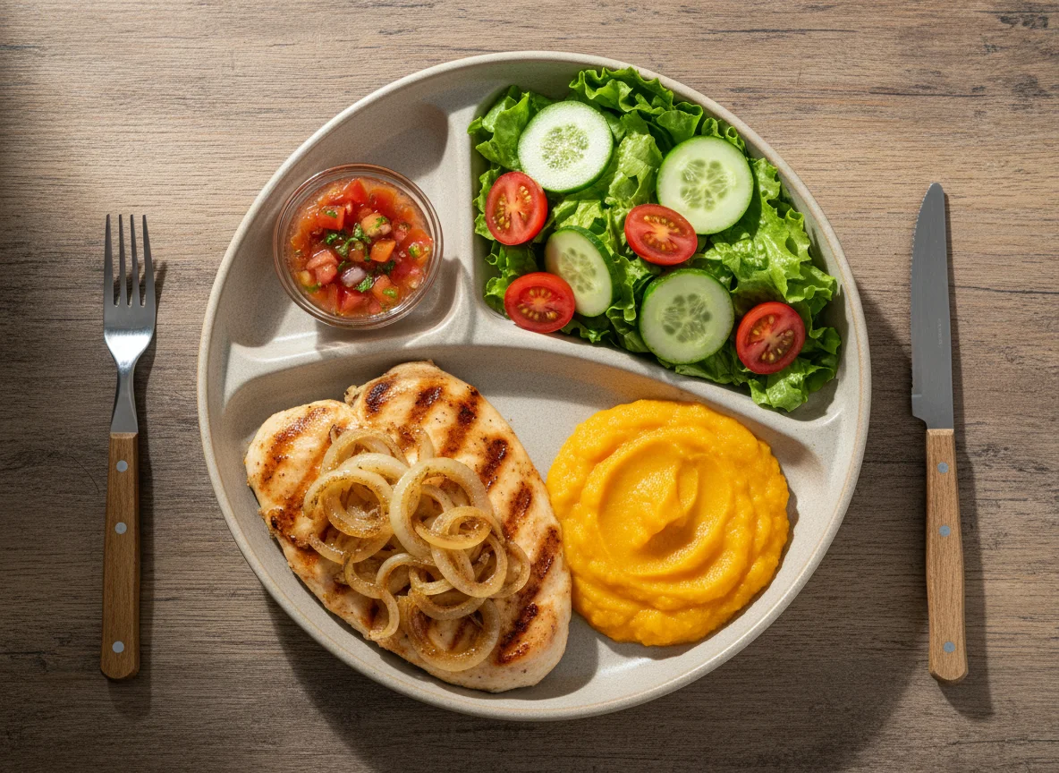 Marmita com frango, purê de abóbora e salada photo
