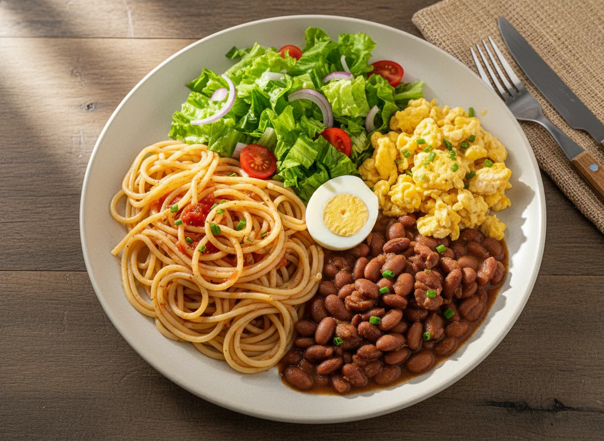 Marmita com macarrão, feijão, ovos mexidos e salada photo