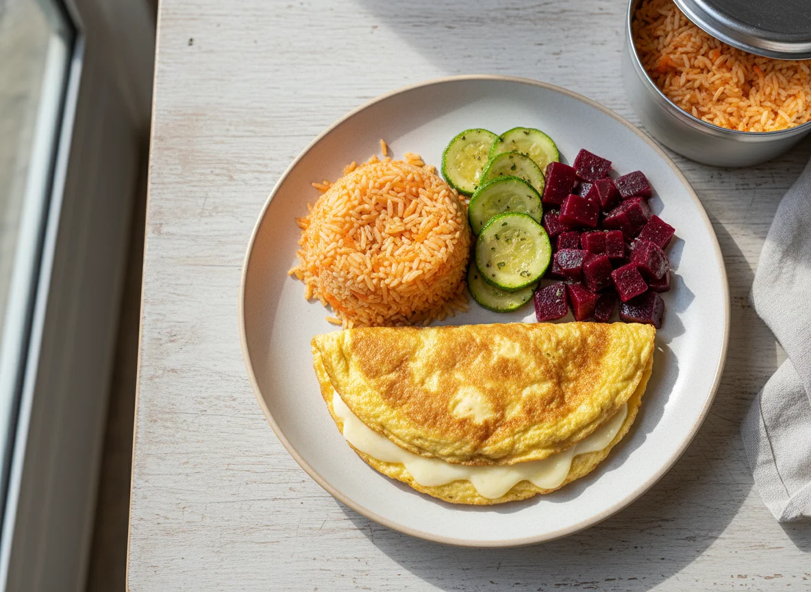 Marmita com omelete, arroz e legumes photo