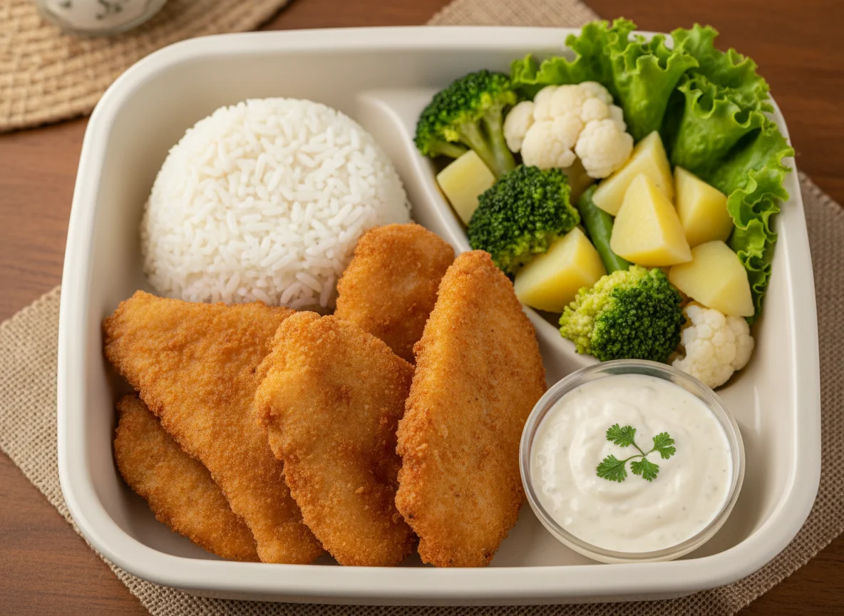 Marmita com peixe empanado e acompanhamentos photo