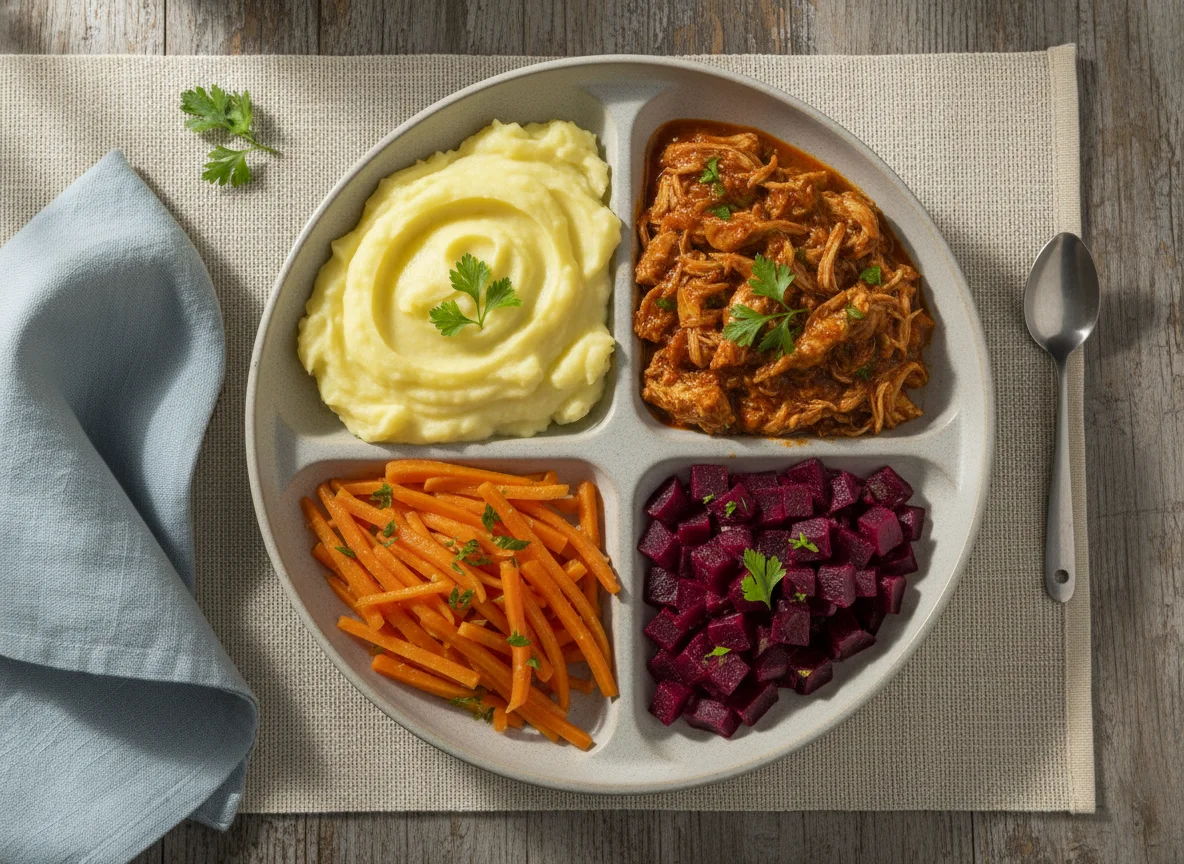 Marmita com purê, legumes e frango photo