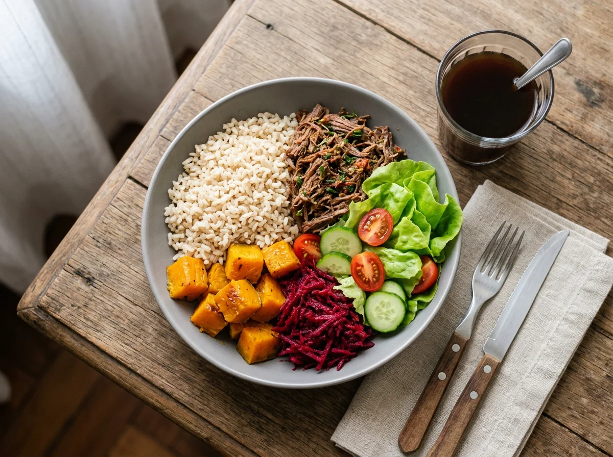 Marmita com salada e bebida photo