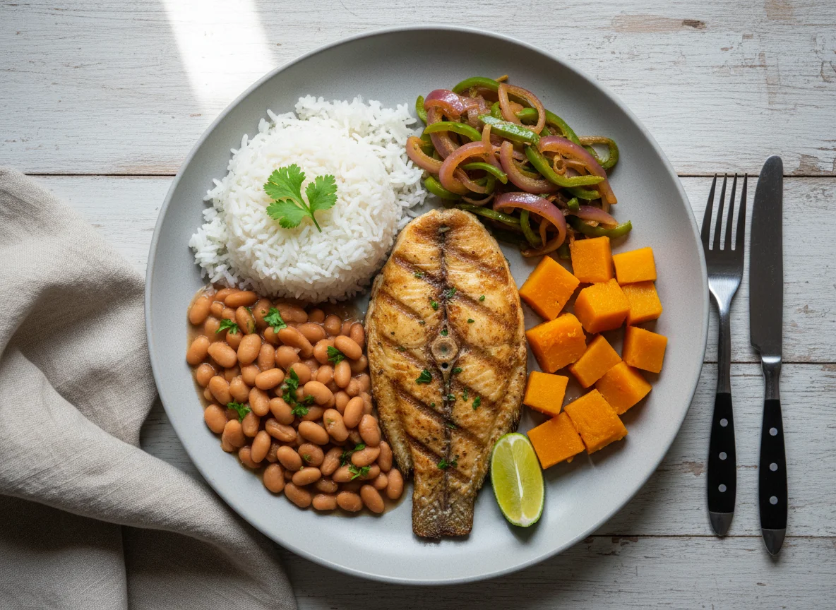 Marmita com Tilápia Grelhada, Arroz, Feijão e Abóbora photo