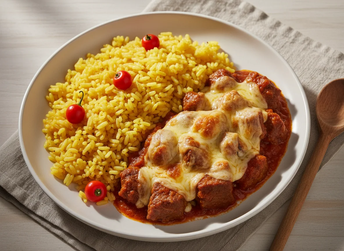 Marmita de Arroz Amarelo e Carne ao Molho com Queijo photo