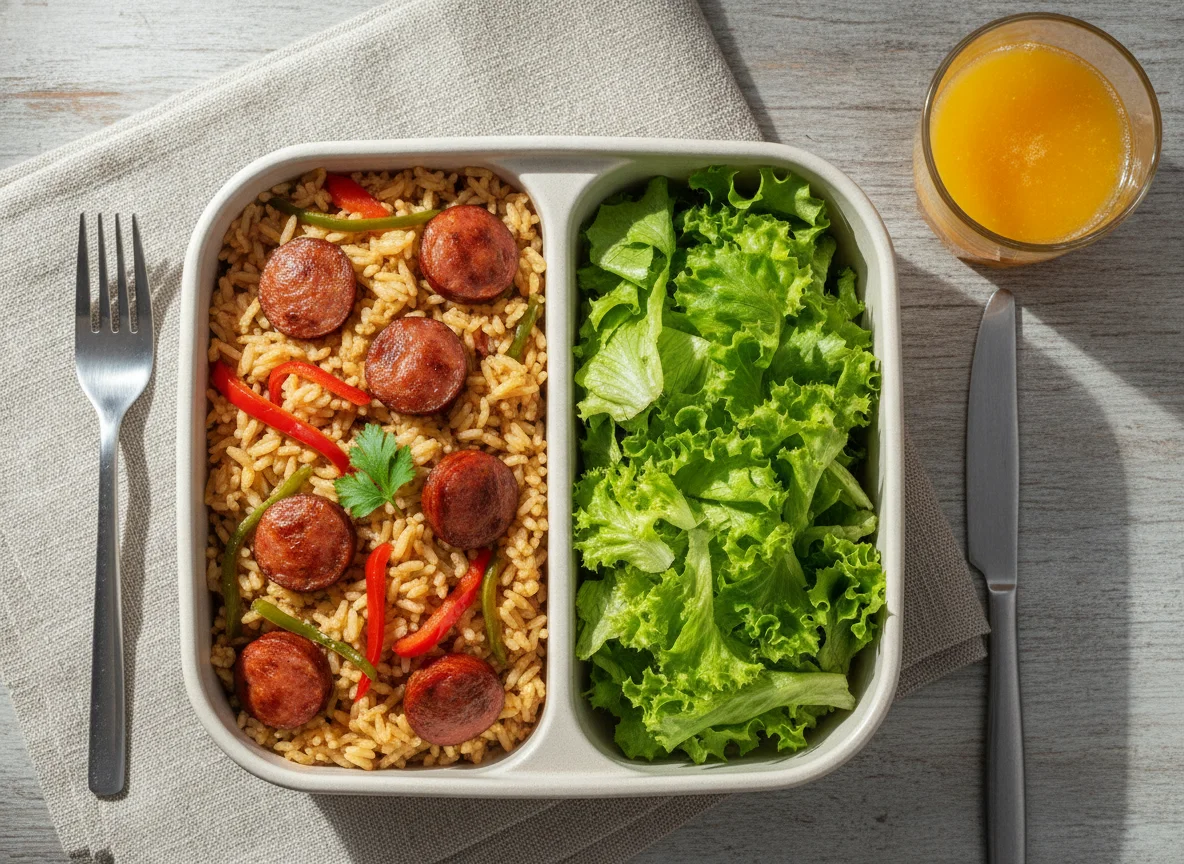 Marmita de arroz com linguiça e salada com suco photo