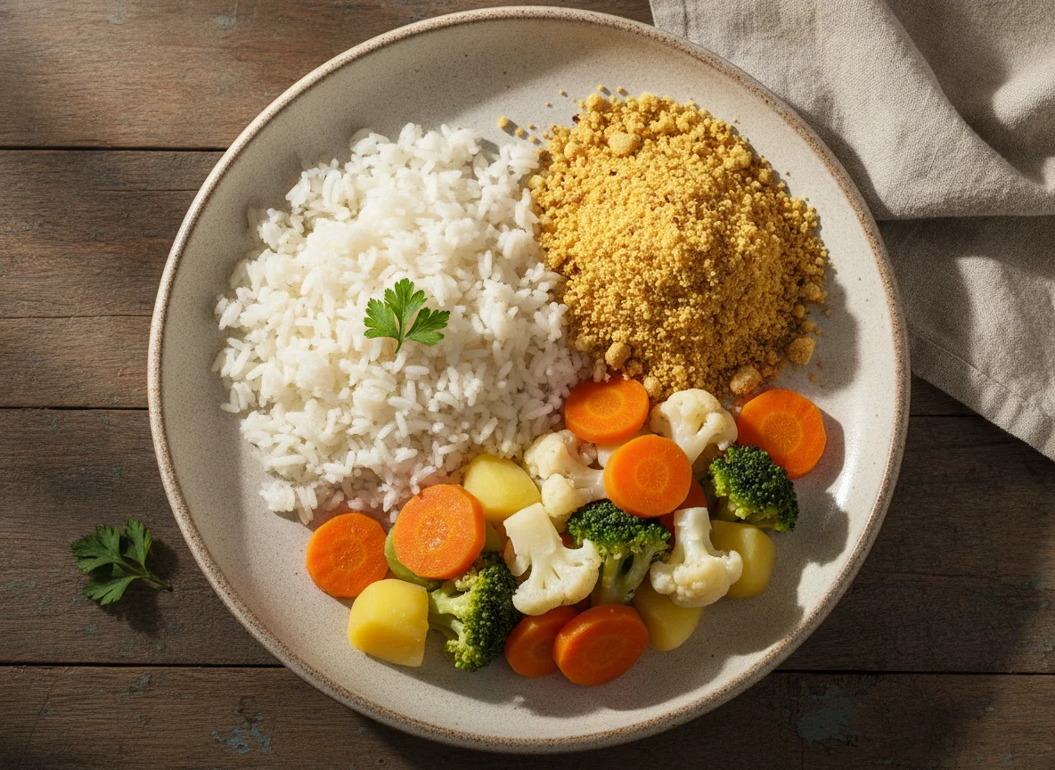 Marmita de Arroz, Farofa e Legumes Cozidos photo