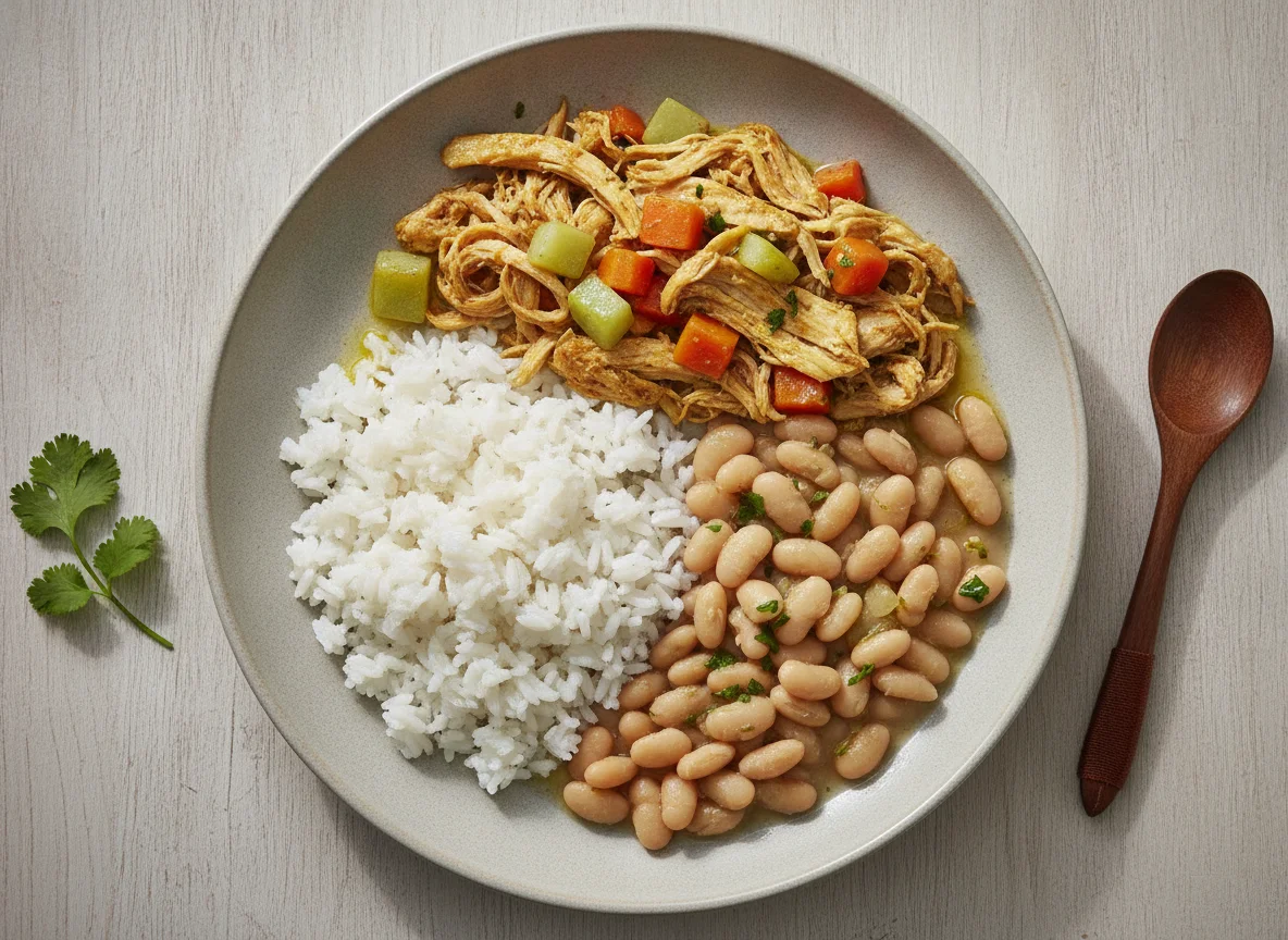 Marmita de Arroz, Feijão Branco, Frango Desfiado e Legumes photo