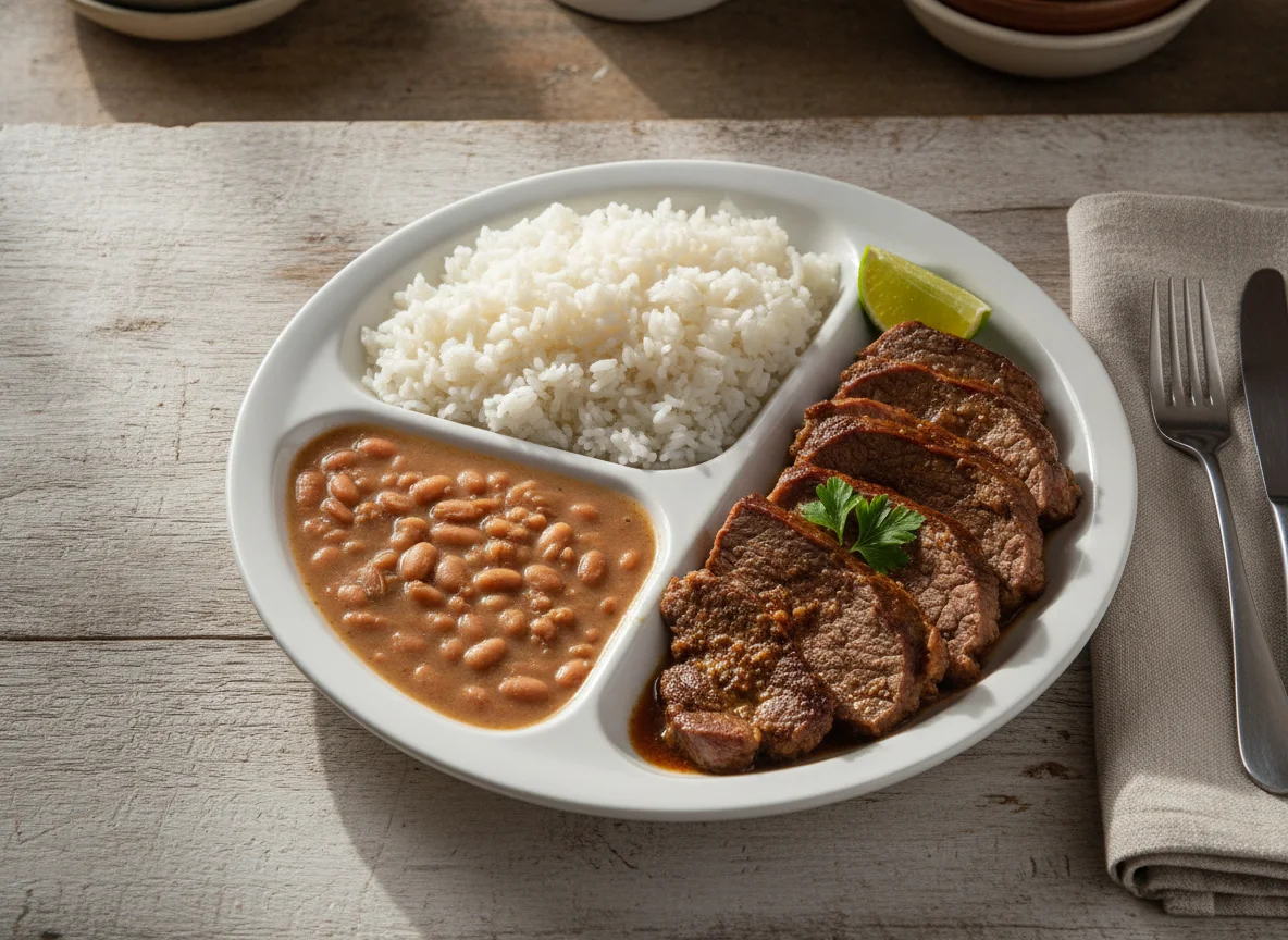 Marmita de arroz, feijão e carne photo