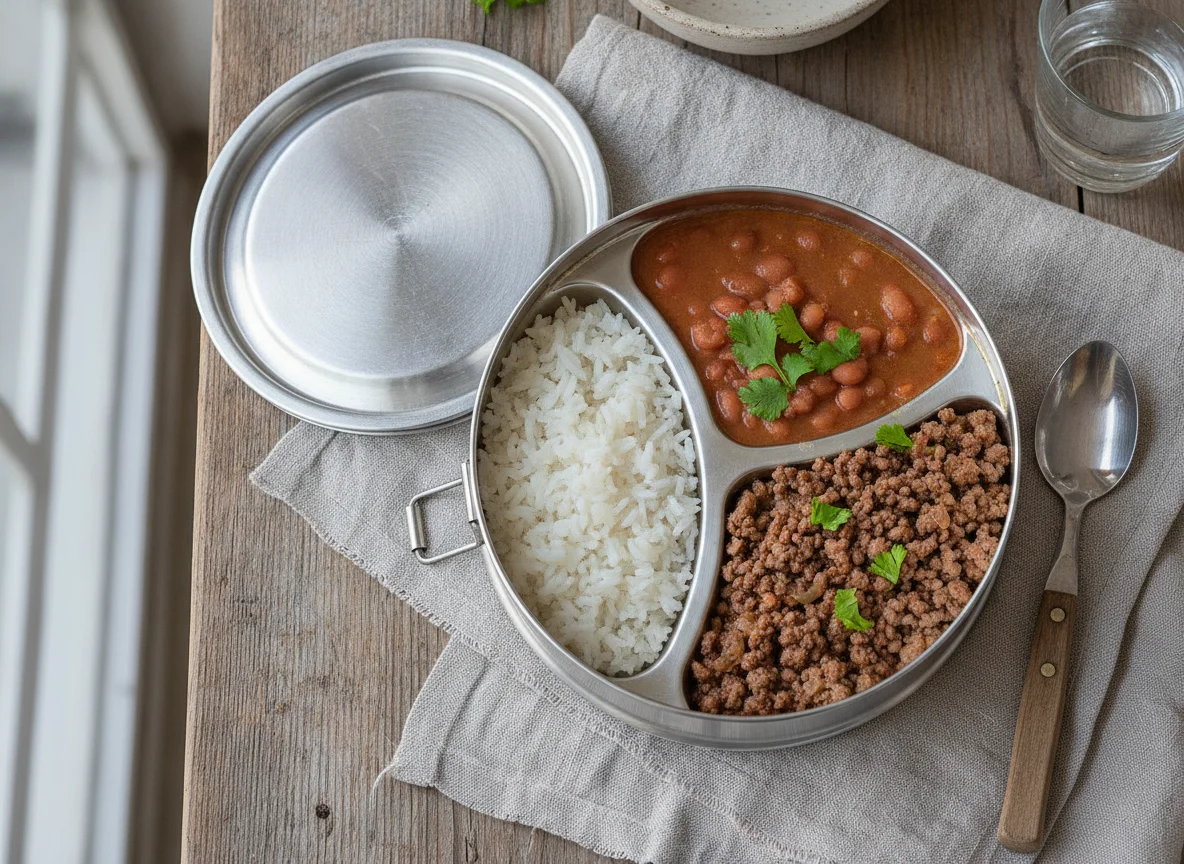 Marmita de arroz, feijão e carne moída photo