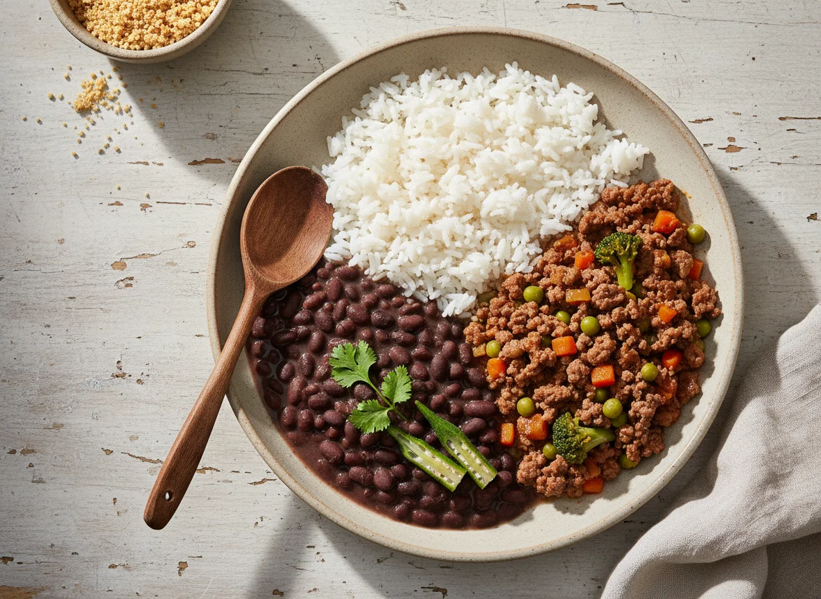 Marmita de arroz, feijão e carne moída com legumes photo