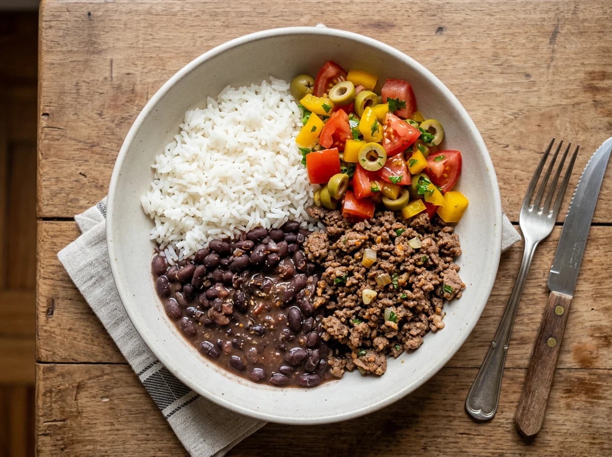 Marmita de Arroz, Feijão e Carne Moída com Salada photo