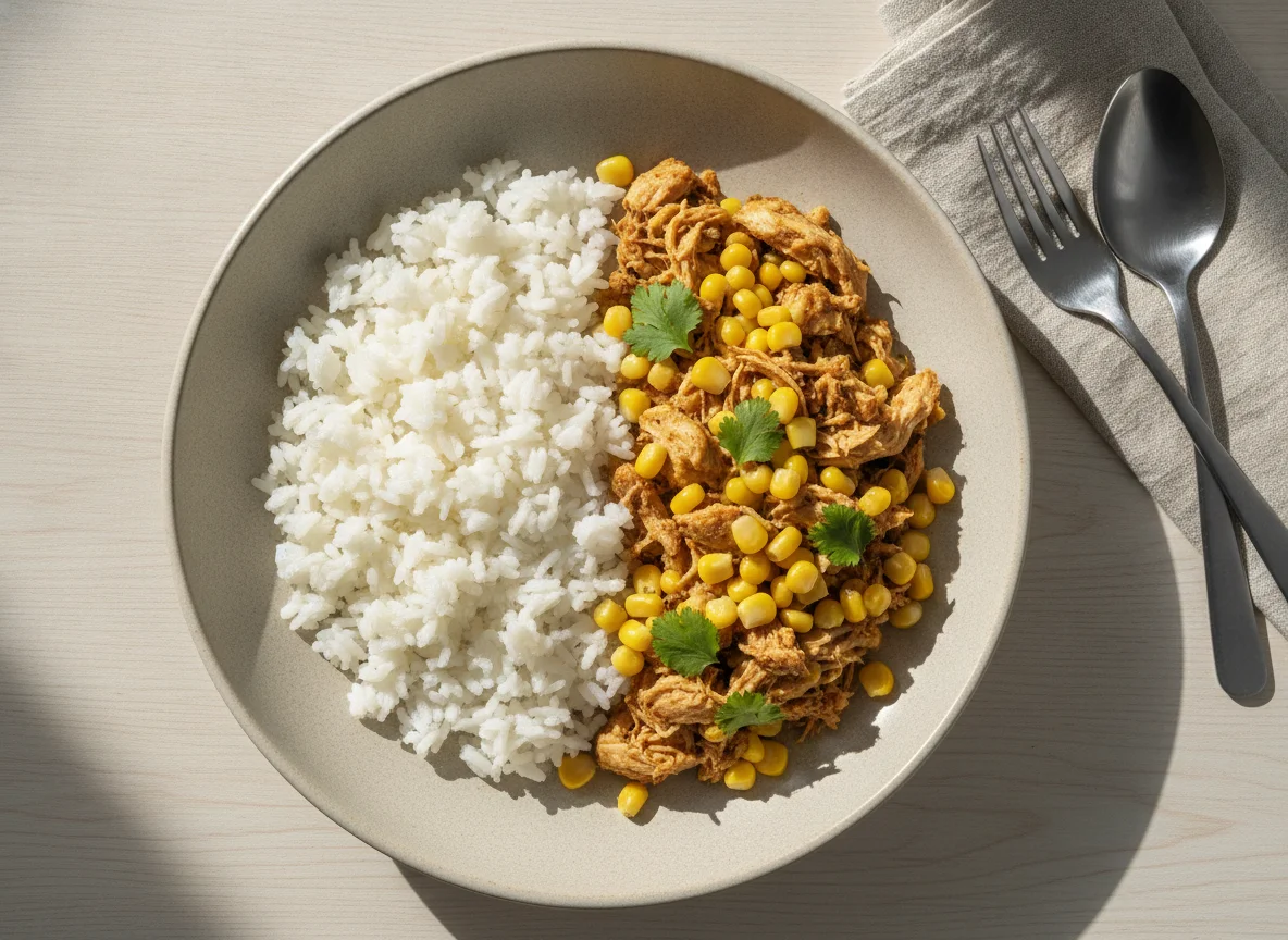 Marmita de arroz, frango e milho photo