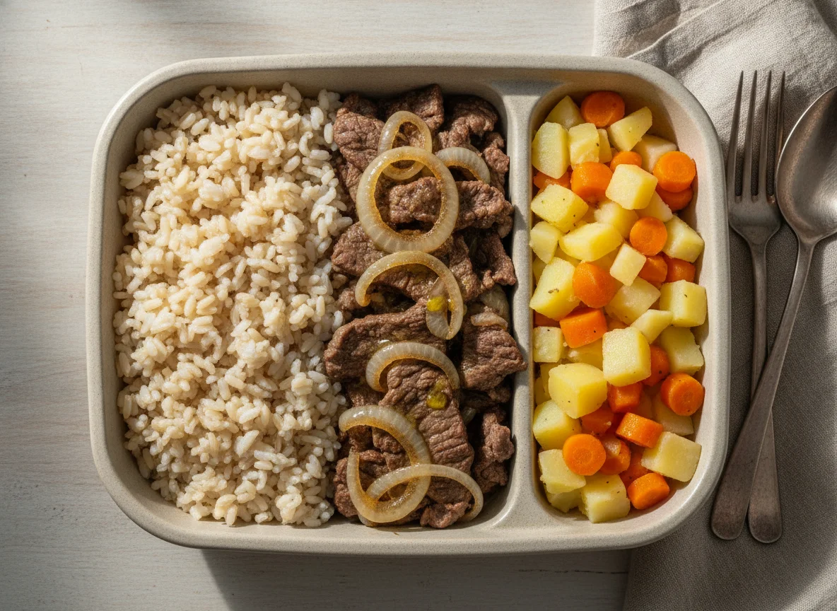 Marmita de Arroz Integral, Carne Acebolada e Salada de Legumes photo