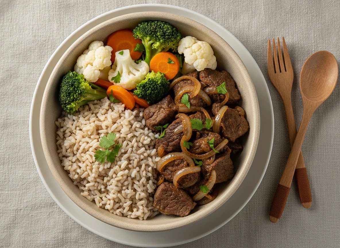 Marmita de Arroz Integral com Carne Acebolada e Vegetais photo