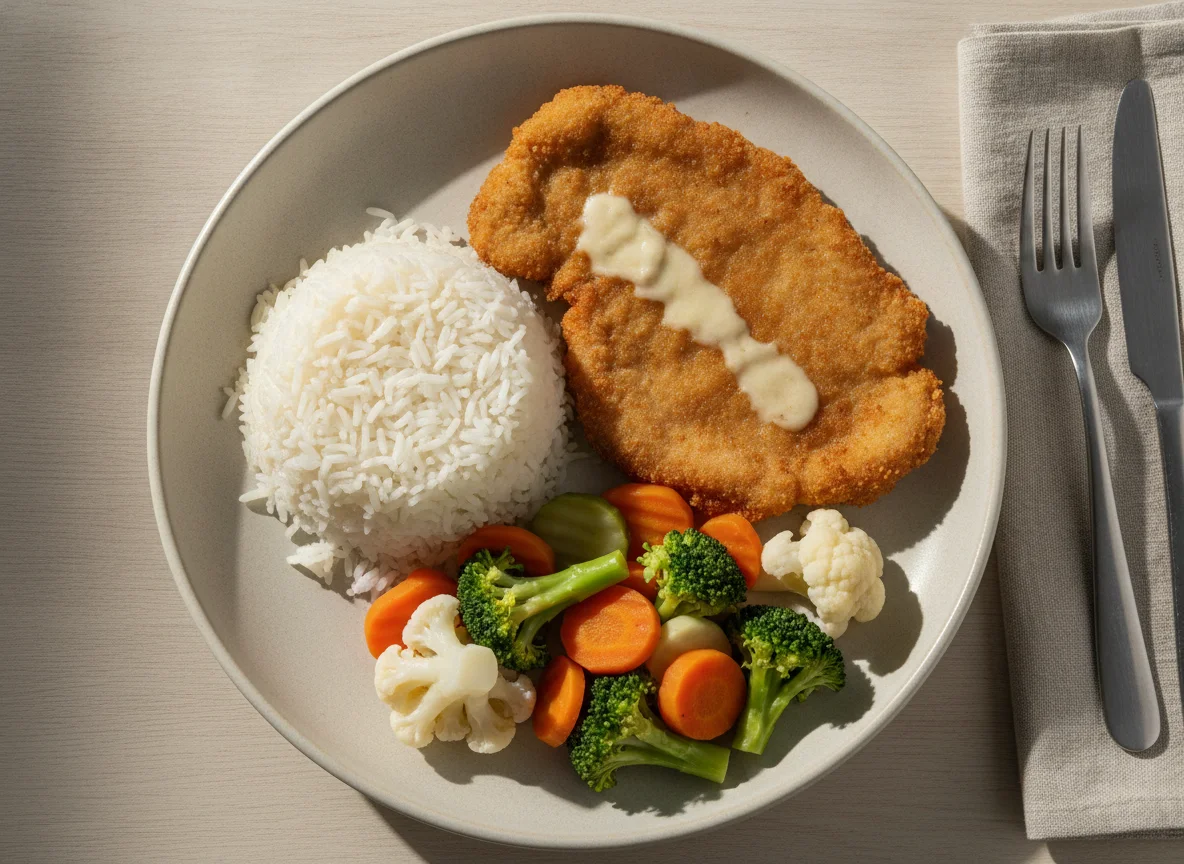 Marmita de bife à milanesa com arroz e legumes photo