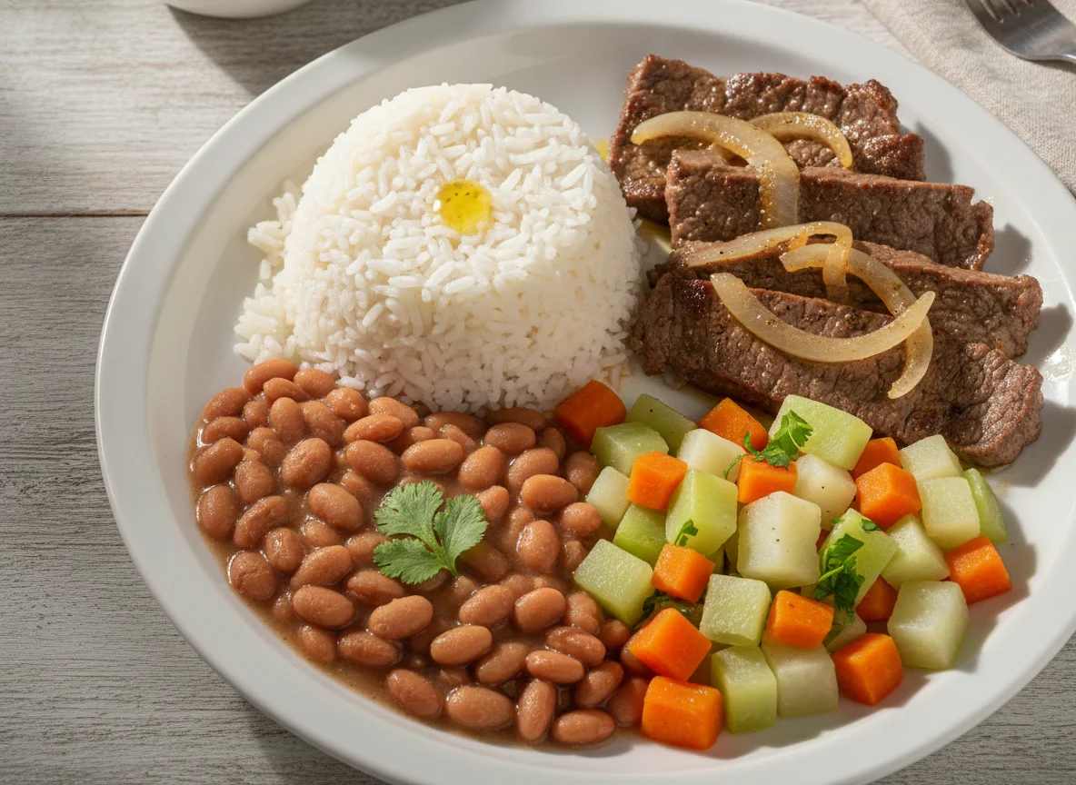 Marmita de bife acebolado com arroz, feijão e legumes photo