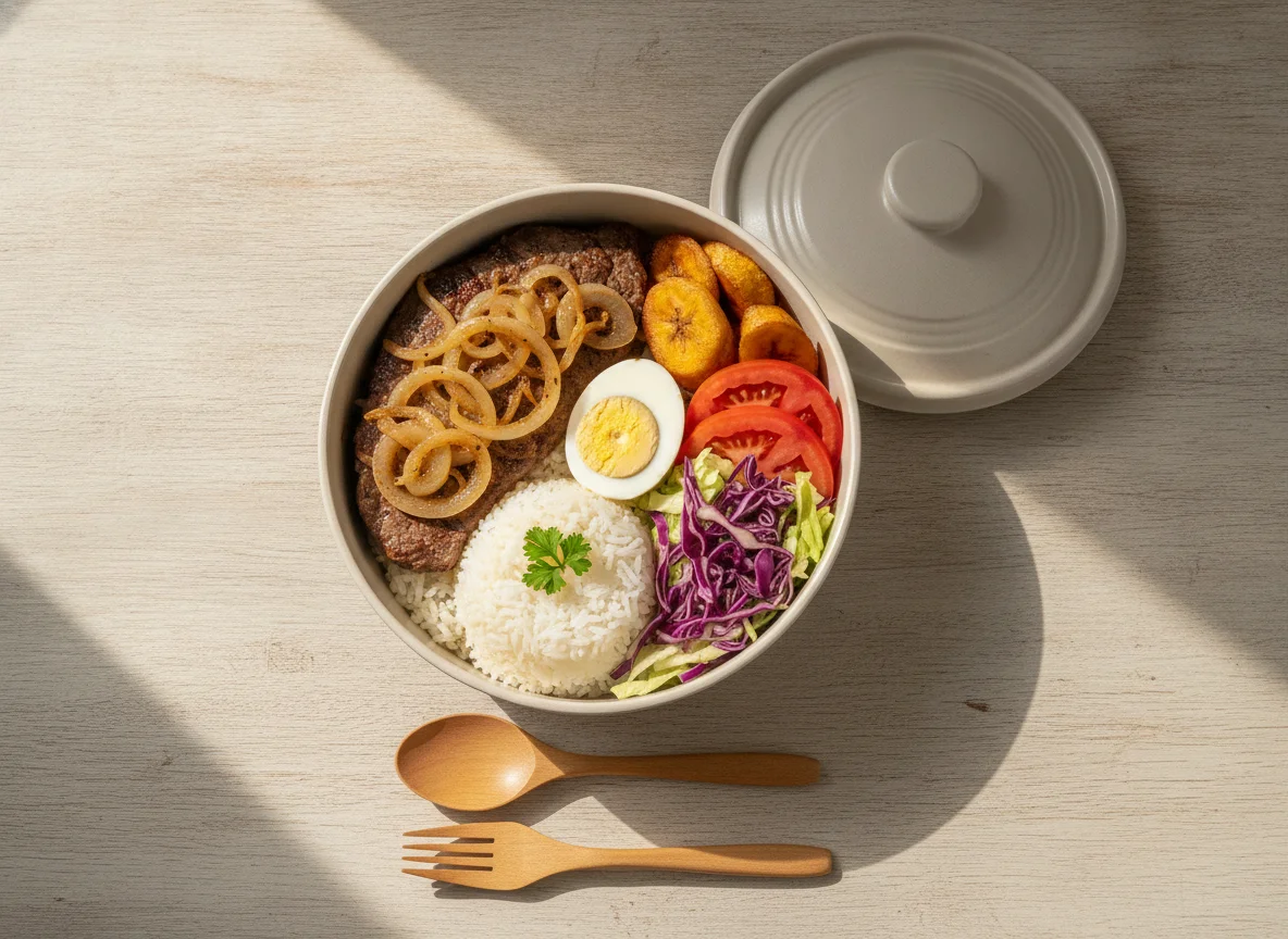 Marmita de Bife Acebolado com Ovos, Arroz e Salada photo