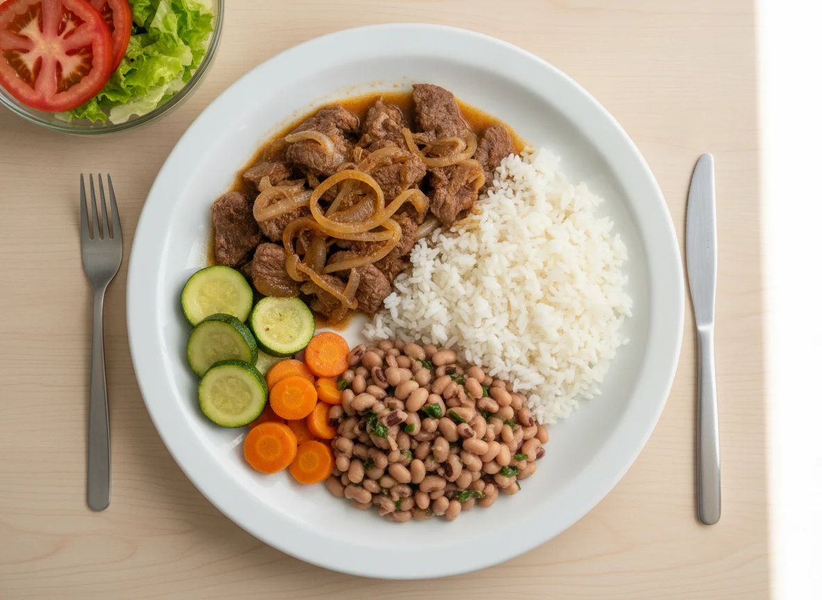 Marmita de Carne Acebolada com Arroz, Feijão Fradinho e Legumes photo