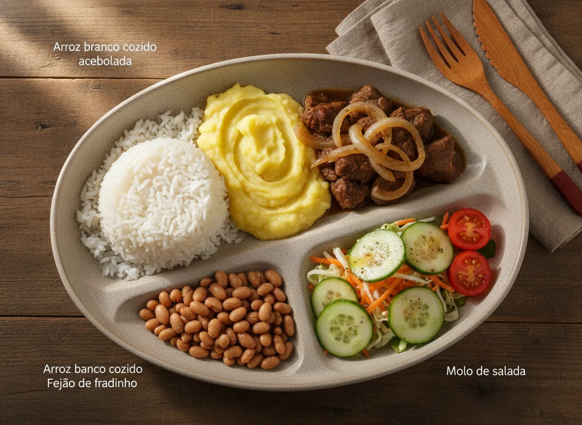 Marmita de Carne Acebolada com Arroz, Feijão Fradinho, Purê de Batata e Salada photo