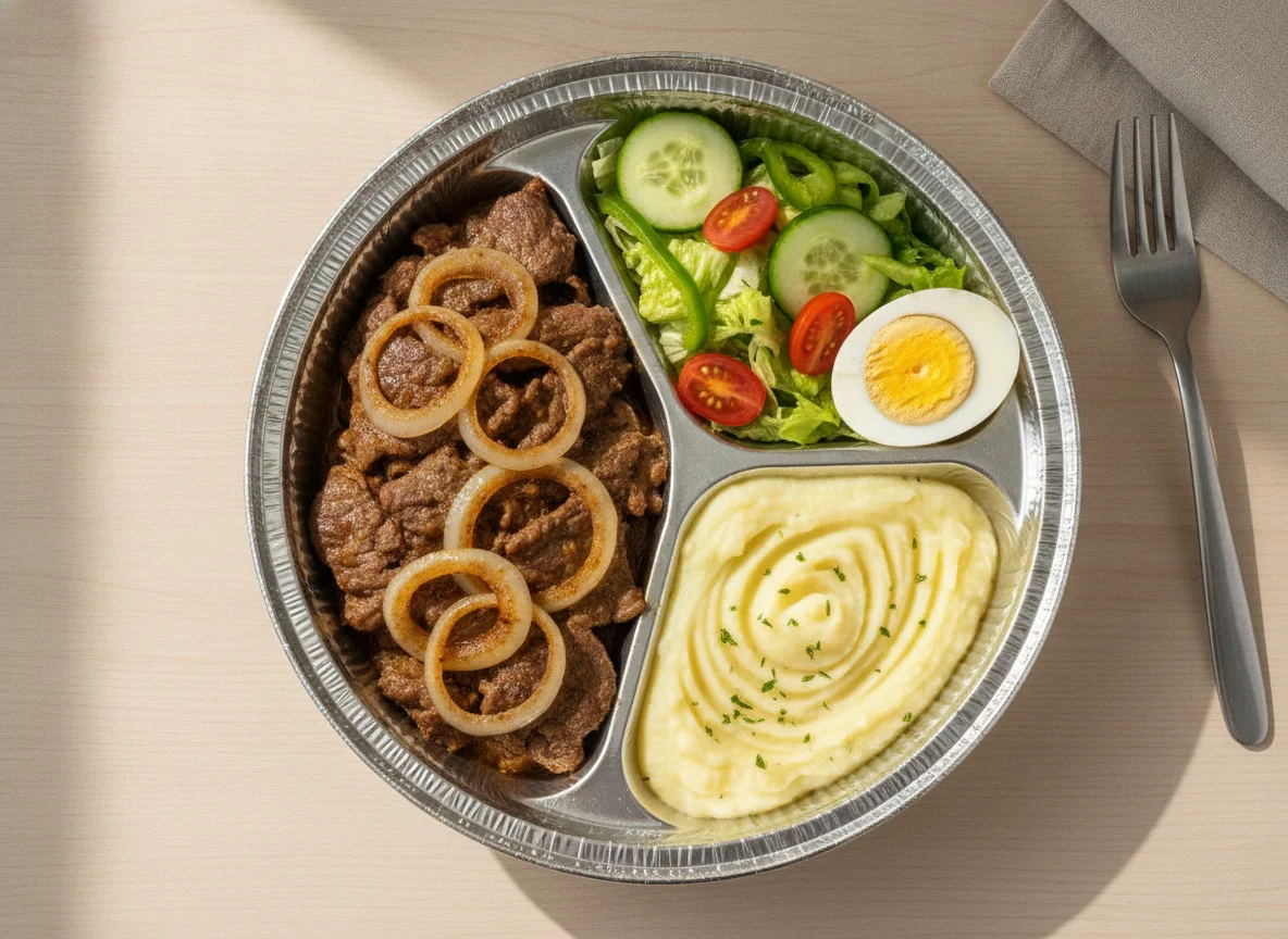 Marmita de Carne Acebolada com Purê e Salada photo