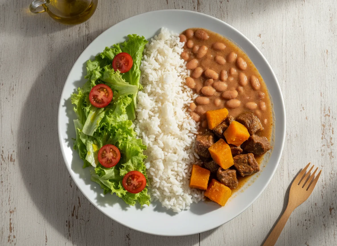 Marmita de Carne com Abóbora, Arroz, Feijão e Salada photo
