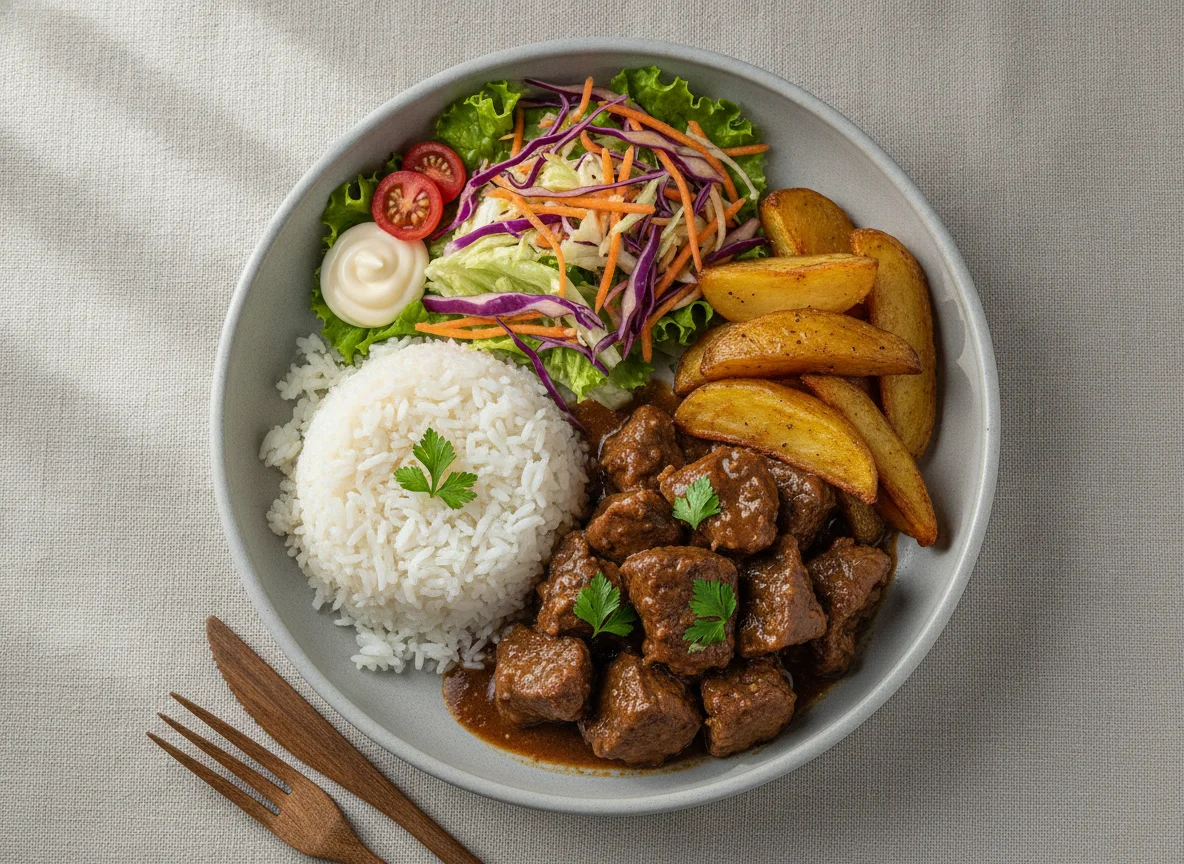 Marmita de Carne com Arroz, Batatas e Salada photo