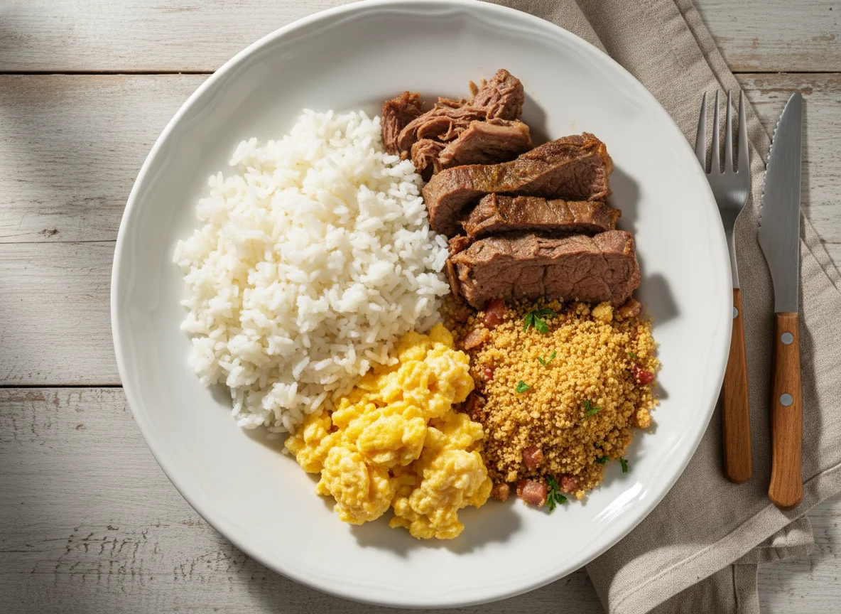 Marmita de carne com arroz e farofa photo