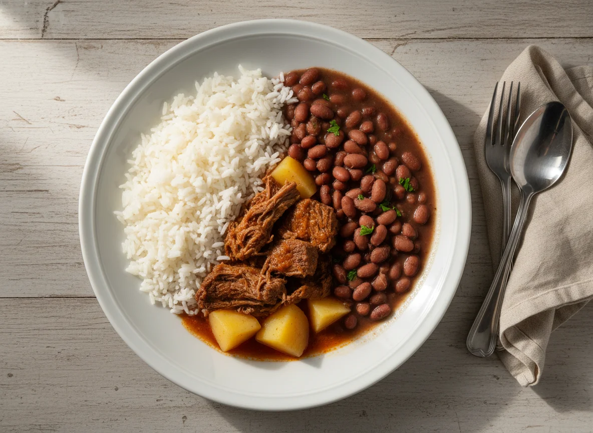Marmita de carne com arroz e feijão photo