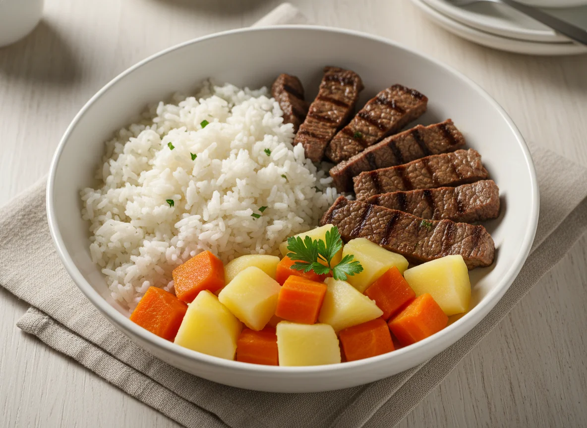 Marmita de carne com arroz e legumes photo