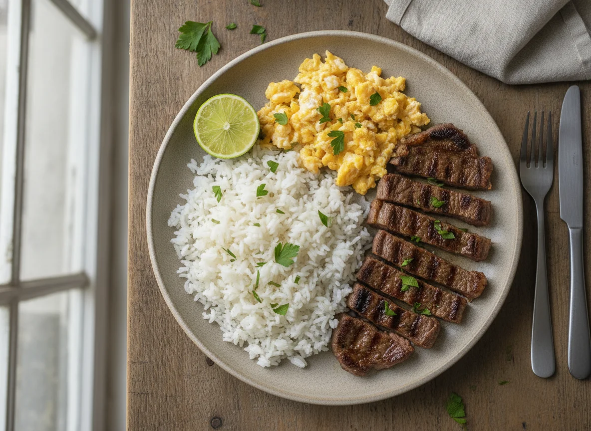 Marmita de carne com arroz e ovos mexidos photo