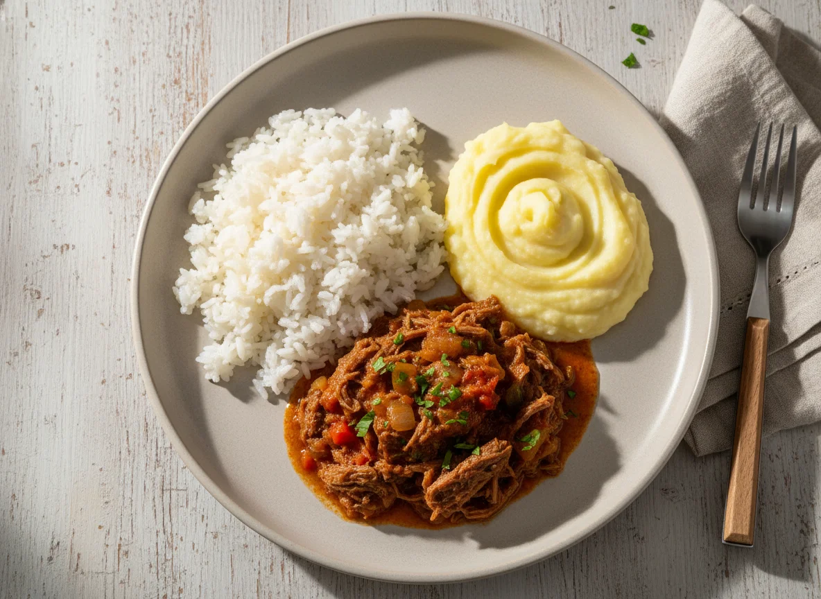Marmita de carne com arroz e purê photo