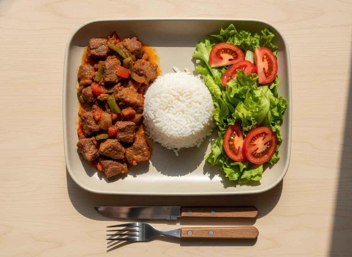 Marmita de carne com arroz e salada photo